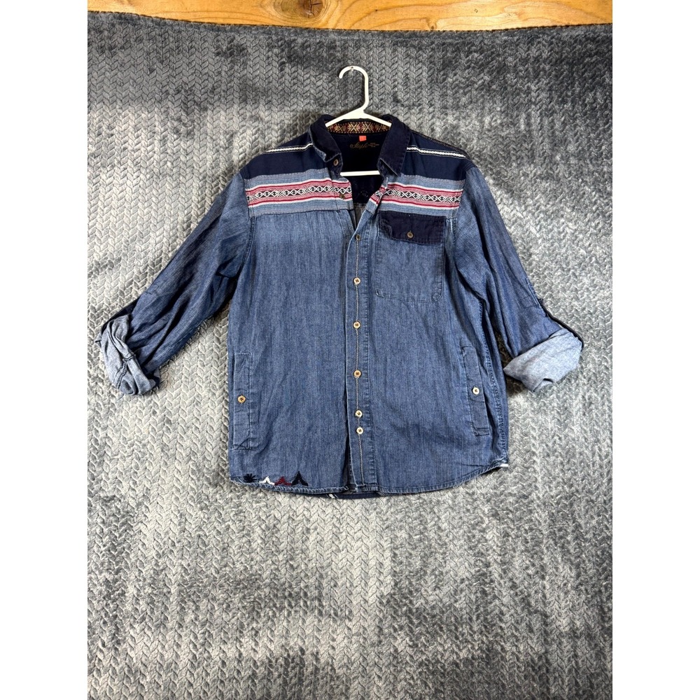 Staple World Renown Pigeon‎ Brand Shirt Mens S Blue Denim Aztec Roll Tab Sleeve